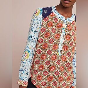 Maeve Anthropologie Mandala Henley Tunic Size 8 Mixed Pattern Long Sleeve Top